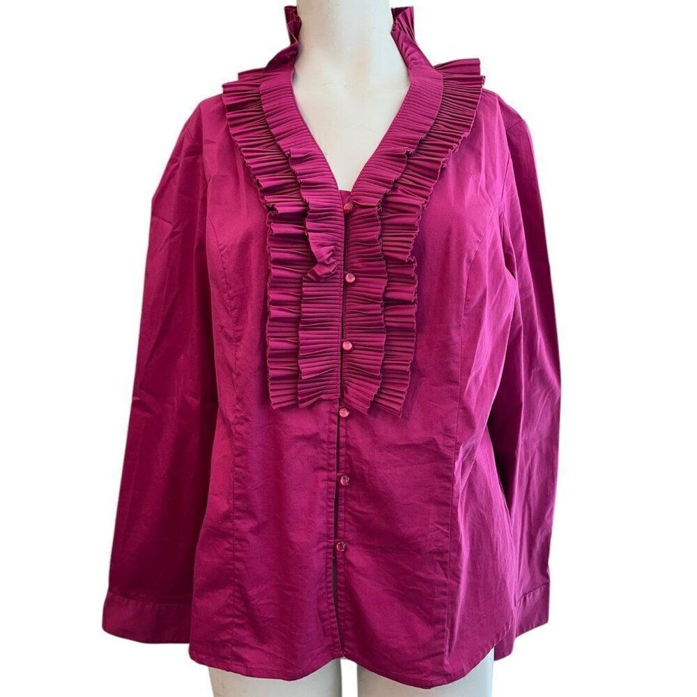 Katherine Barclay Womens Large Ruffle Bib Blouse Pink Magenta Button Front
